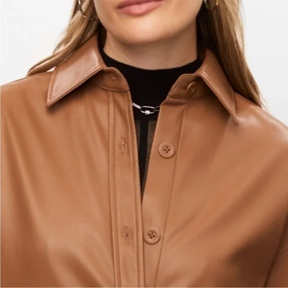 New Joseph Ribkoff | Tan Beige Button Down Vegan Leather Faux Leather Overshirt - Picture 5 of 9